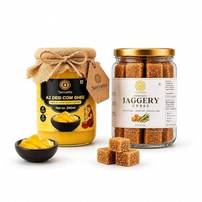 A2 Bilona Desi Cow Ghee (250ml) + Natural Jaggery Cubes (300g) Combo Pack