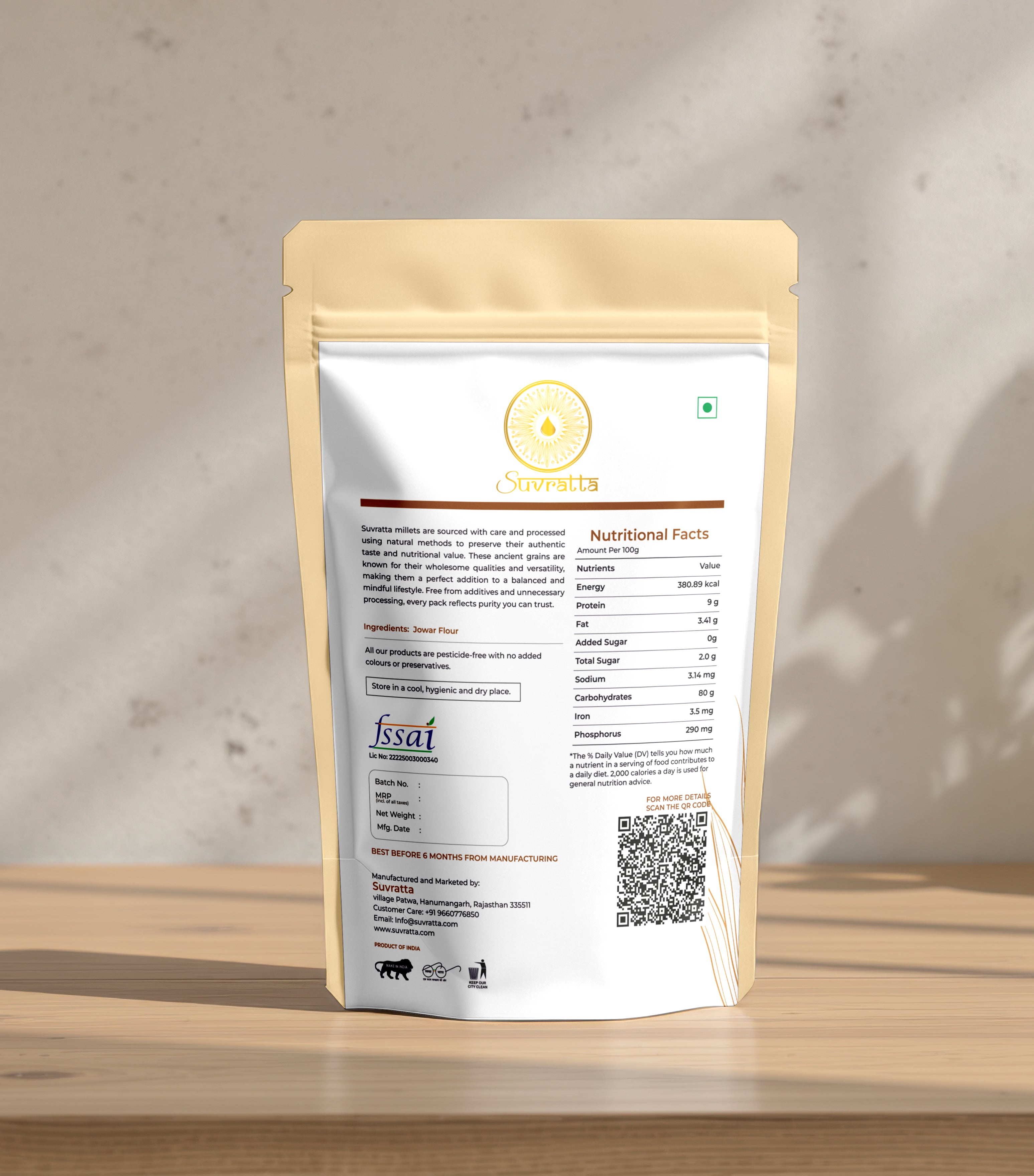 Suvratta Shuddh Jowar Flour (Velvety Stone-Ground Sorghum)