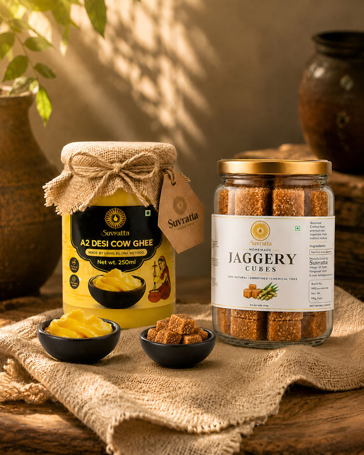Suvratta A2 Bilona Desi Cow Ghee (250ml) + Suvratta Natural Jaggery Cubes (300g) Combo Pack